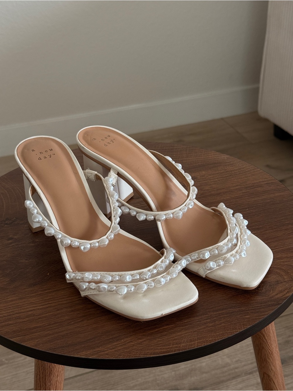 Pearl-Detail White Block Heel Sandals